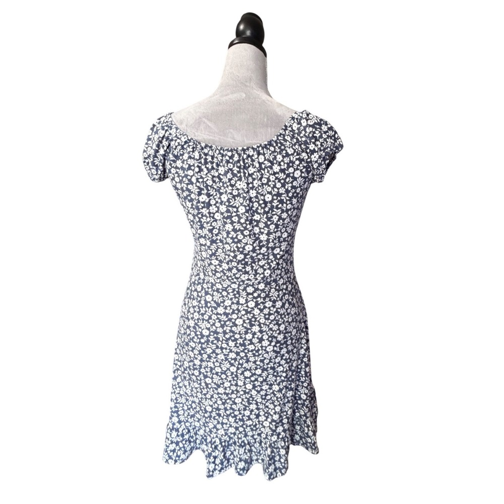 Derek Heart Navy Blue Floral Milkmaid Mini Dress Button Front Ruffle Hem Medium - Picture 4 of 8